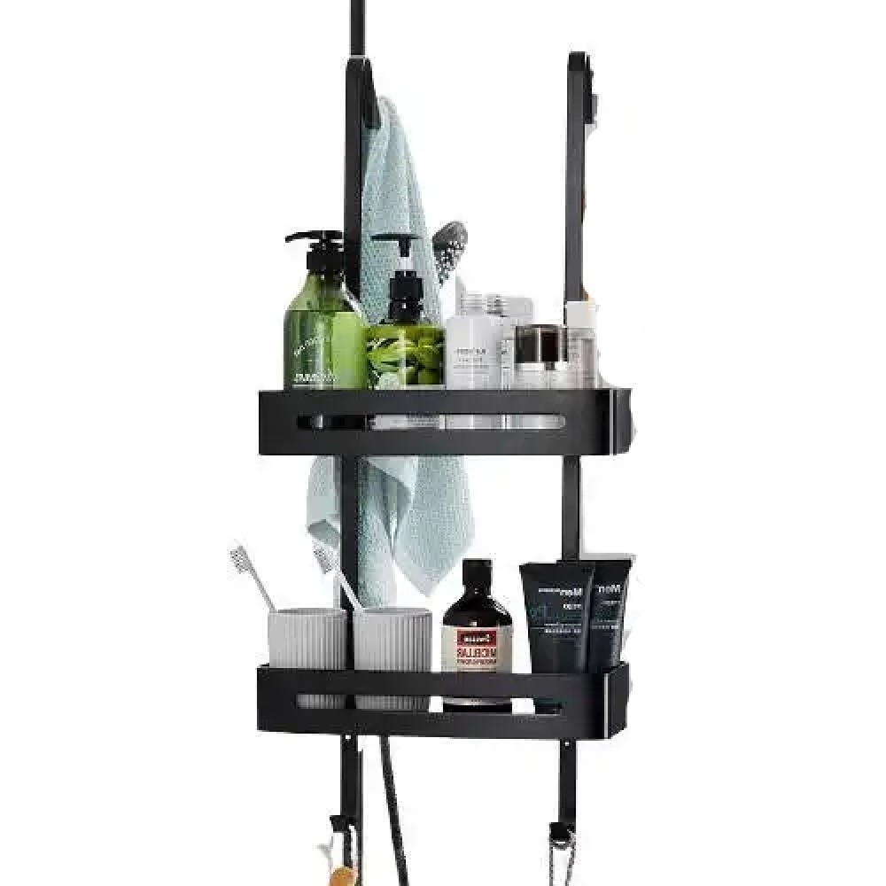 No Drilling Shower Caddy Rack Bathroom Hanging Black Shower Storage Rack With Hook 2 tiers bathroom shelves