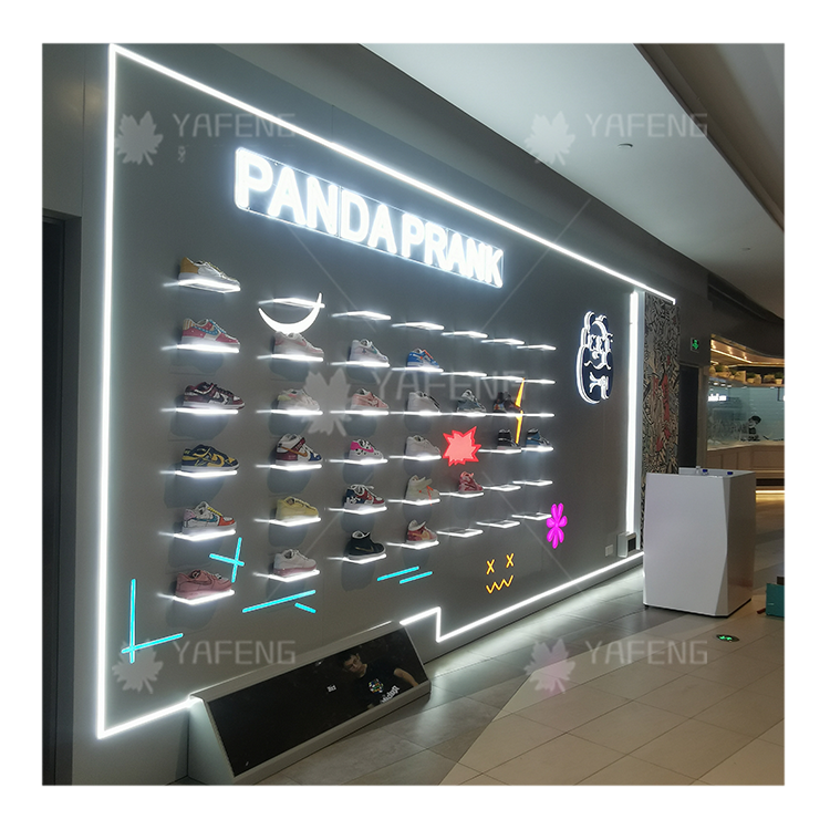 Modern Fashion Shoes Showroom Design And Decoration Retail Wall Hanging Shoes Display Rack Sports Shoes Rack