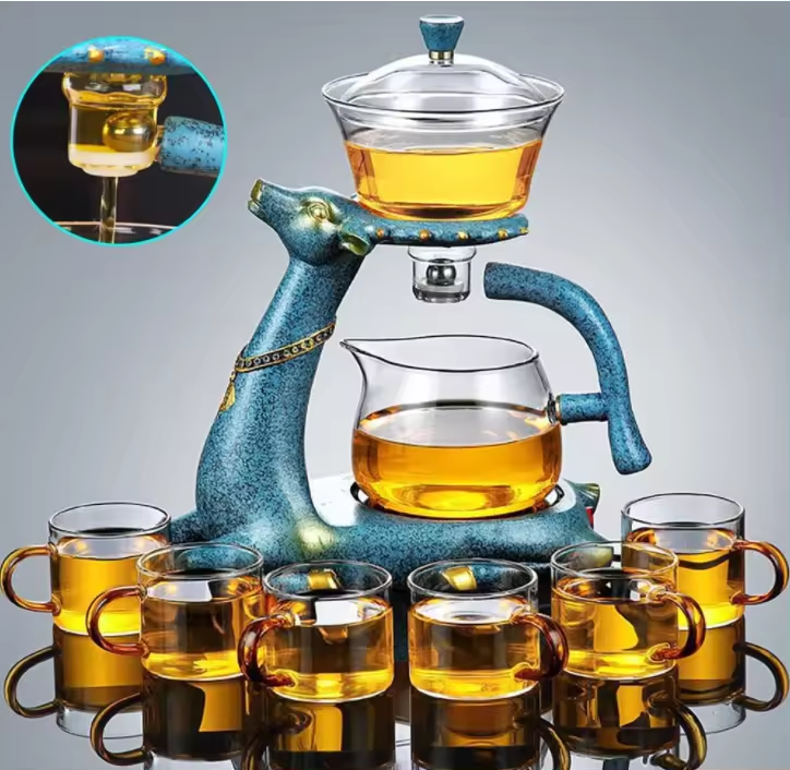 Transparent Semi Automatic Drip Kettle Magnetic High Borosilicate Heat Resistant Deer Tea Pot Set Glass Teapot with Infuser