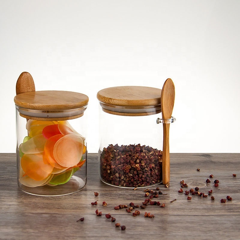 wholesale 450ml glass jar spice with wooden spoon /glass clear jar wooden lid seals