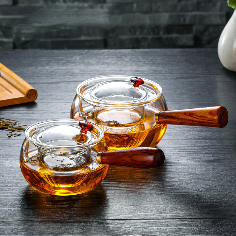 Luxury Small High Borosilicate Glass Tea Set Hot Water Pot Teapot with Wood Handle