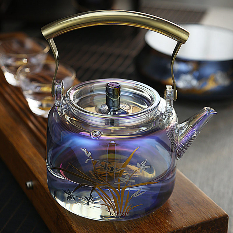 Luxury Silver drawn blue glass water pot 1100ml household heat resisting borosilicate glass teapot