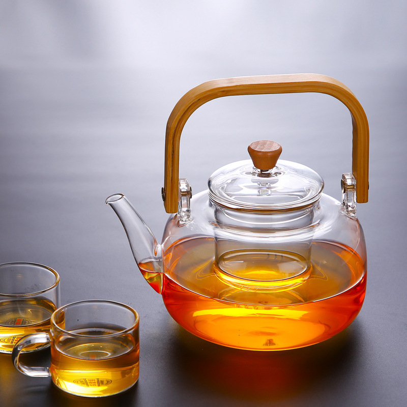 High Borosilicate Clear Glass Tea Pot Set With Infuser Wooden Handle Heat Resistant Tea Cup And Pot Set With Tray