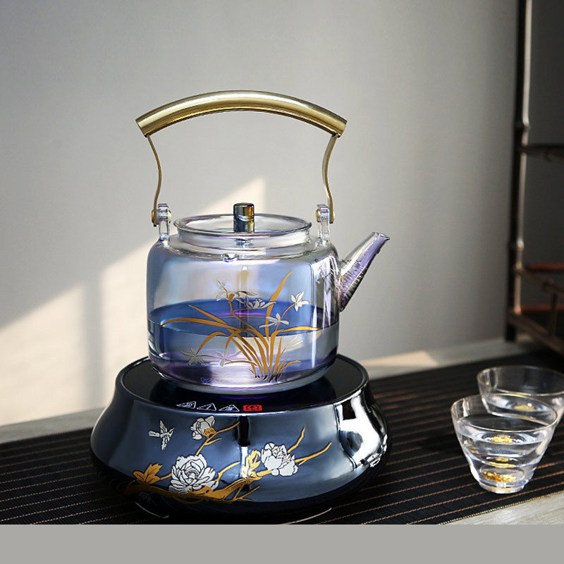 Luxury Silver drawn blue glass water pot 1100ml household heat resisting borosilicate glass teapot