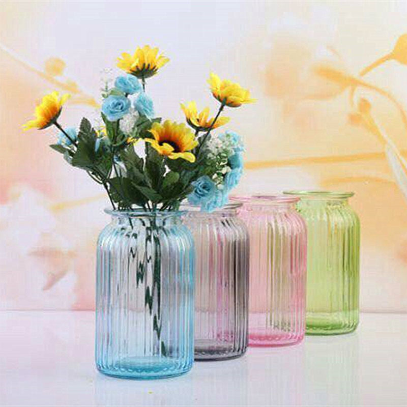 Best Selling Flower Decorated Vertical Stripes Beautiful Blue Green Clear Glass Flower Vase Glass Vase