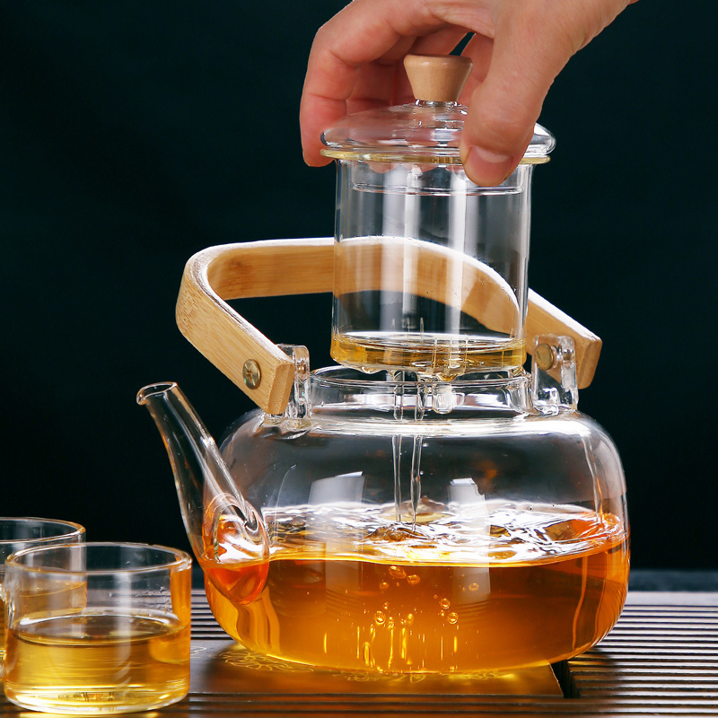 High Borosilicate Clear Glass Tea Pot Set With Infuser Wooden Handle Heat Resistant Tea Cup And Pot Set With Tray