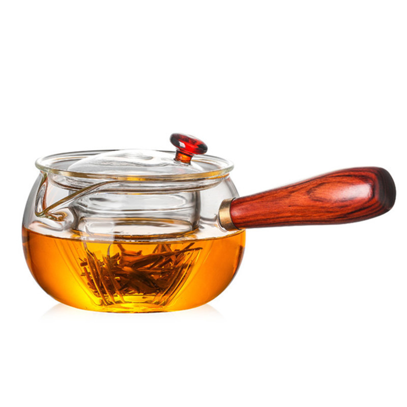 Luxury Small High Borosilicate Glass Tea Set Hot Water Pot Teapot with Wood Handle