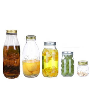 Round Shape Clear Carved Storage Glass Mason Jar with Gold Color Screw Lid