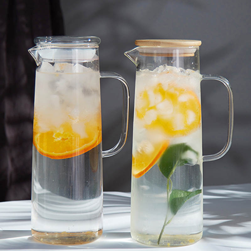 High Quality Clear Straight Borosilicate Glass Water Jug  Cold Brew Tea Fruit Pot glass teapot cold water kettle with bamboo lid