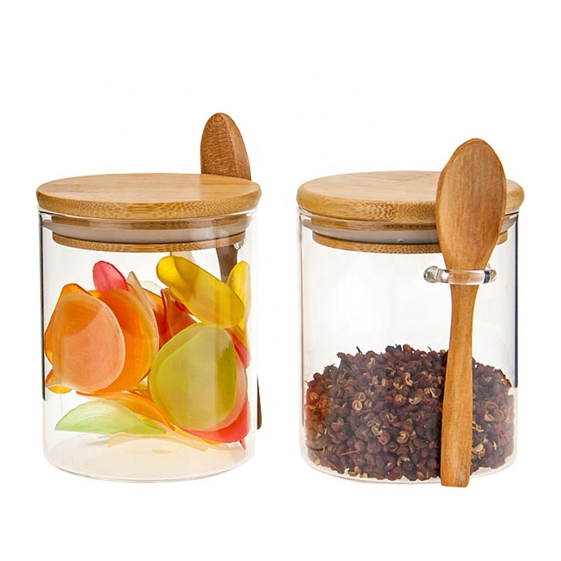 wholesale 450ml glass jar spice with wooden spoon /glass clear jar wooden lid seals