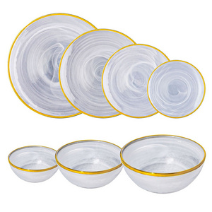 White Traditional Chinese Ink Painting Patterns Glass Charger Bowls Dining Serving Dishes Round Bowl Set