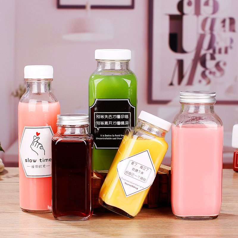 Custom square  250ml 350ml 500ml Juice Beverage Milk Coffee Kombucha French Square Glass Bottles