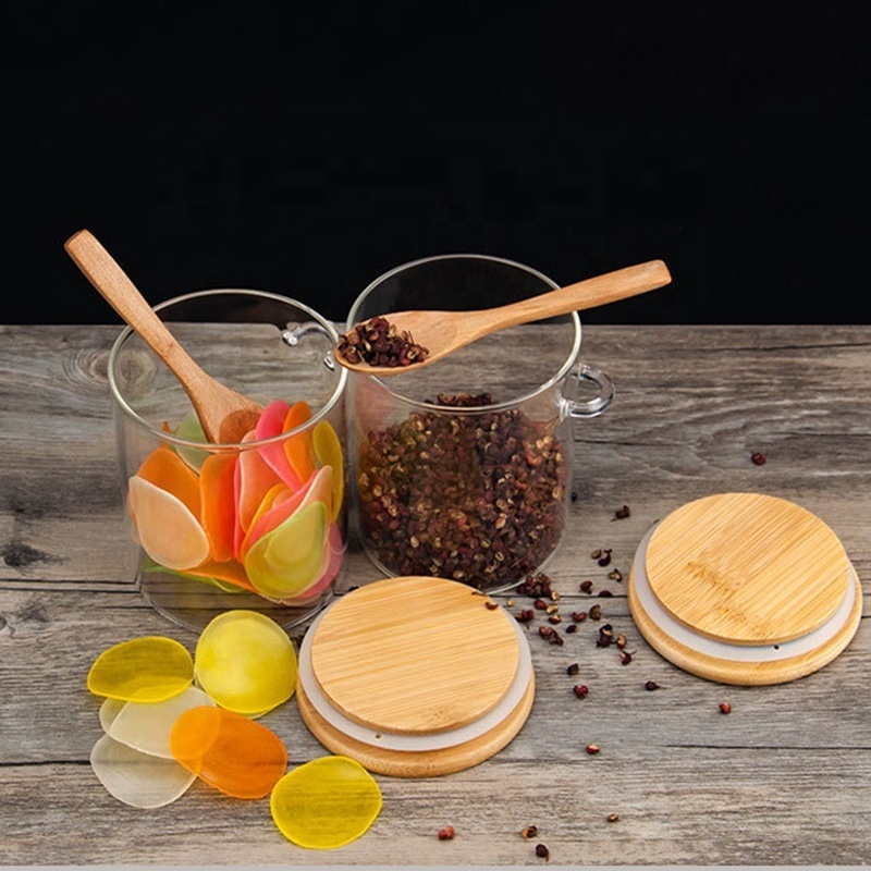 wholesale 450ml glass jar spice with wooden spoon /glass clear jar wooden lid seals