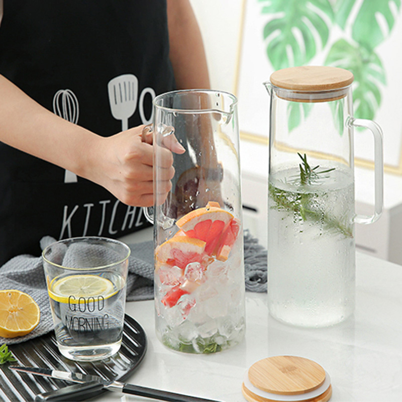 High Quality Clear Straight Borosilicate Glass Water Jug  Cold Brew Tea Fruit Pot glass teapot cold water kettle with bamboo lid