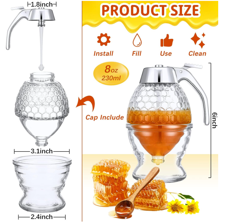 Honey Dispenser No Drip Glass Honey Container Maple Syrup Dispenser Honey Comb Shaped Pot