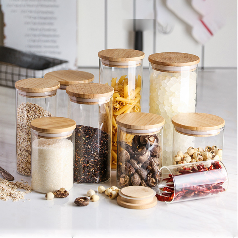 Free match full sizes High borosilicate Glass airtight storage jar with bamboo lid glass jar set