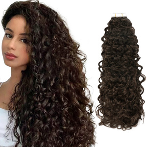 Wholesale Jerry Curly Cambodian Human Tape ins Hair Extension Raw Virgin Cuticle Aligned Tape in hair Extensions 100human hair