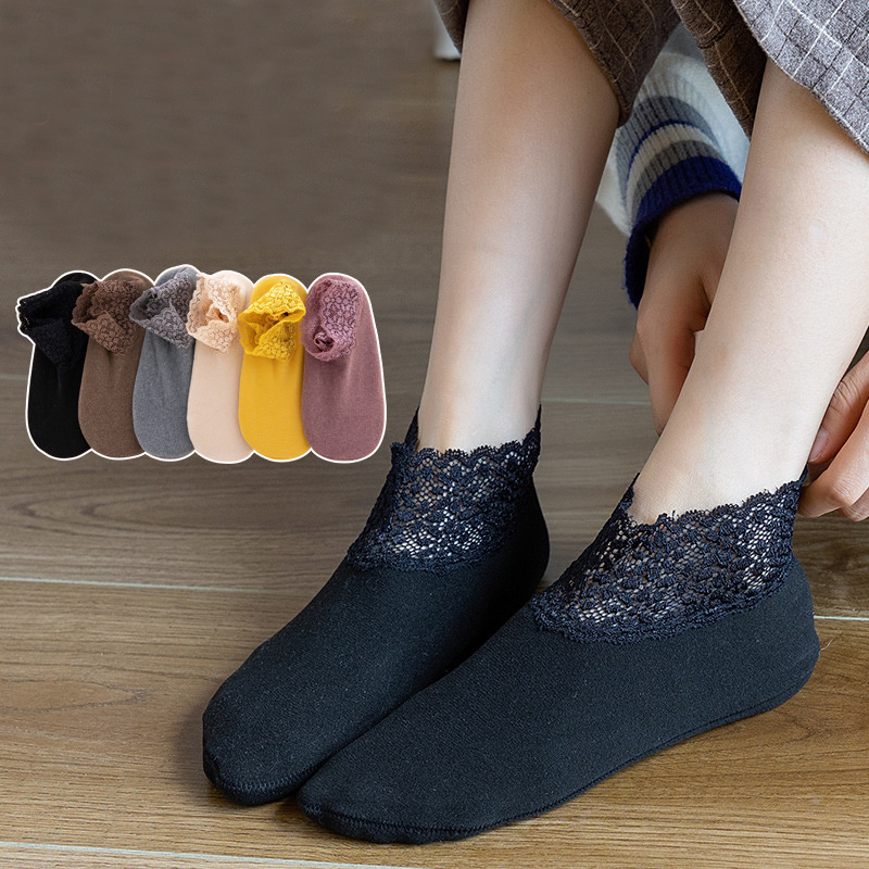 Winter keep warm thick velvet fluffy fuzzy indoor floor cozy lace crew solid wool women socks