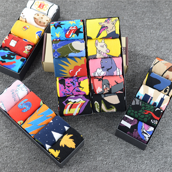 Wholesale fashion custom gift box jacquard socks happy animal floral cotton socks men socks