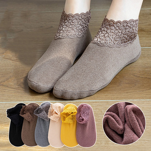 Winter keep warm thick velvet fluffy fuzzy indoor floor cozy lace crew solid wool women socks