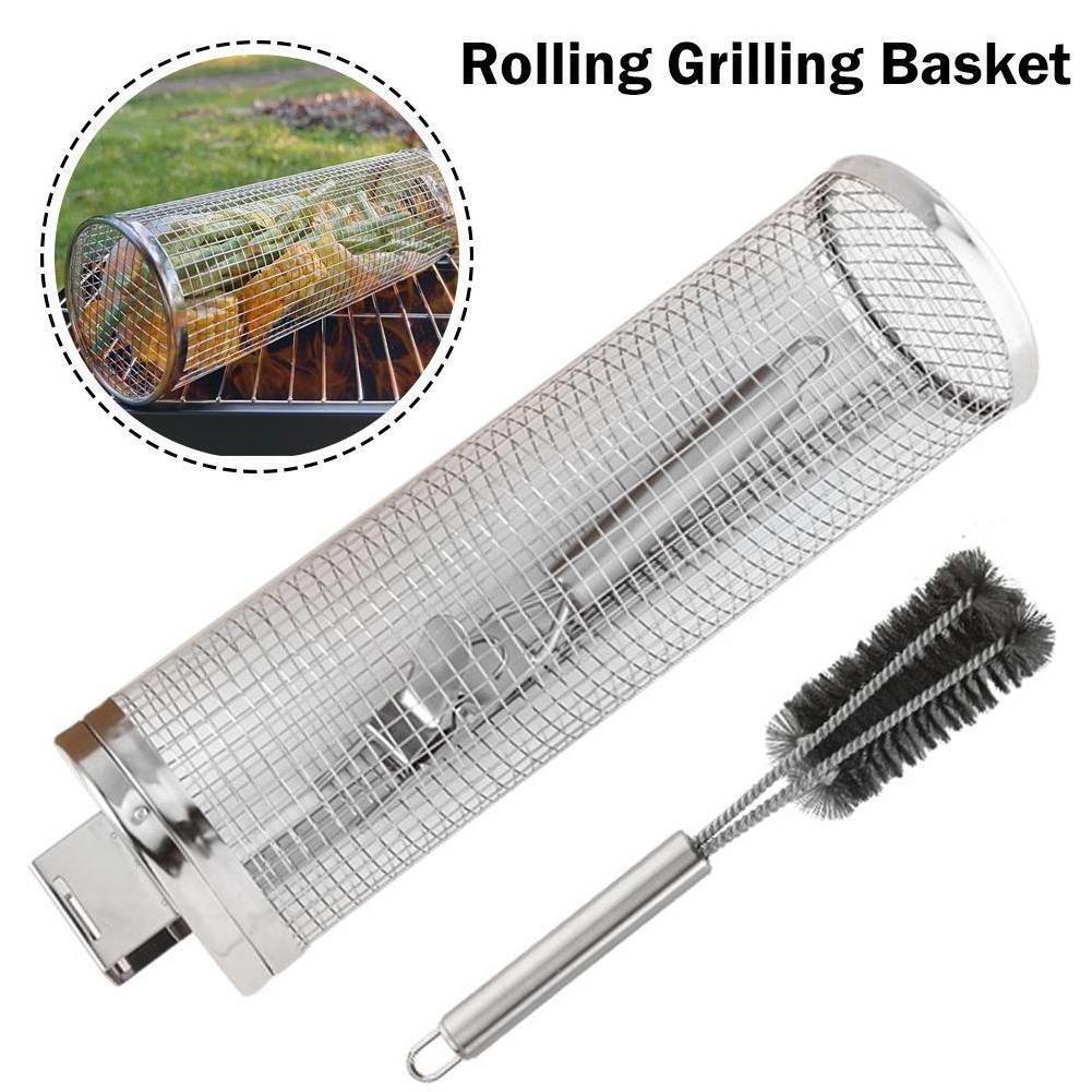 new round stainless steel bbq grill mesh barbecue cooking grill baskets round bbq rolling grilling baskets