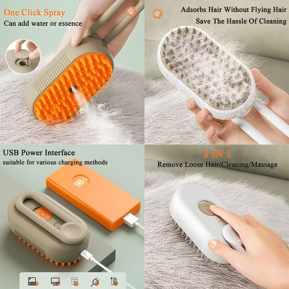 2024 Multifunctional Rotating Cat Grooming Steamer Brush Pet Hair Removal Spray Massage Comb 3 In1 Self Cleaning Steam Cat Brush