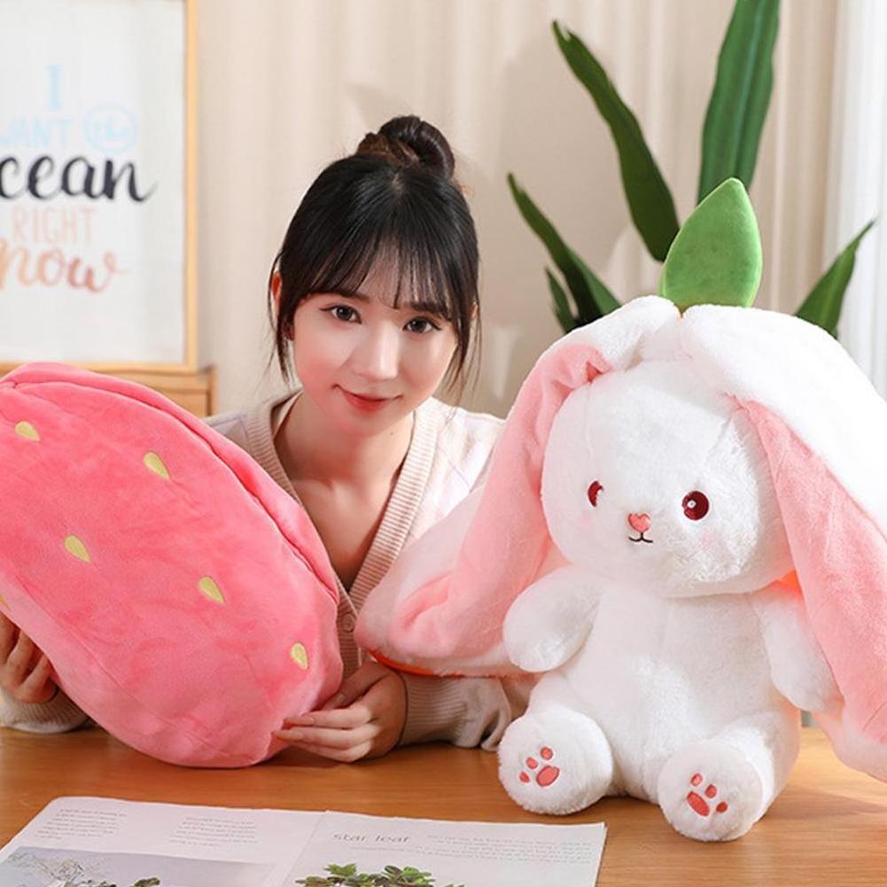 Wholesale Funny 2 in 1 Reversible Carrot Strawberry Bunny Pillow Flip Long Ear Rabbit Stuffed Animal Plushie Doll