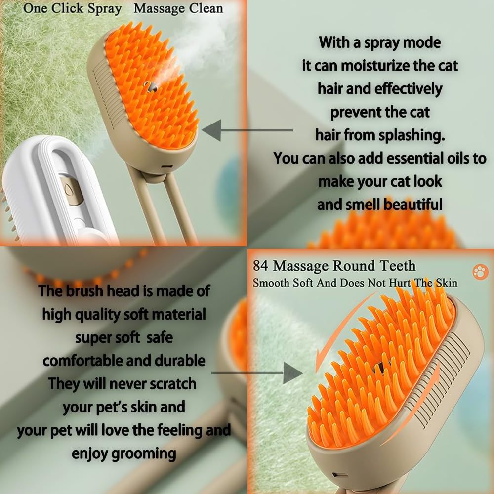 2024 Multifunctional Rotating Cat Grooming Steamer Brush Pet Hair Removal Spray Massage Comb 3 In1 Self Cleaning Steam Cat Brush