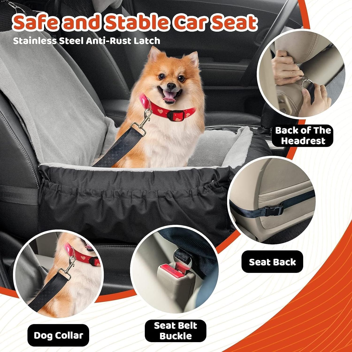 Dog Car Seat Removable Cleanable Pet Car Seat with Storage Bag and Clip-on Safety Leash Small Medium Dogs Travel Dog Car Seat