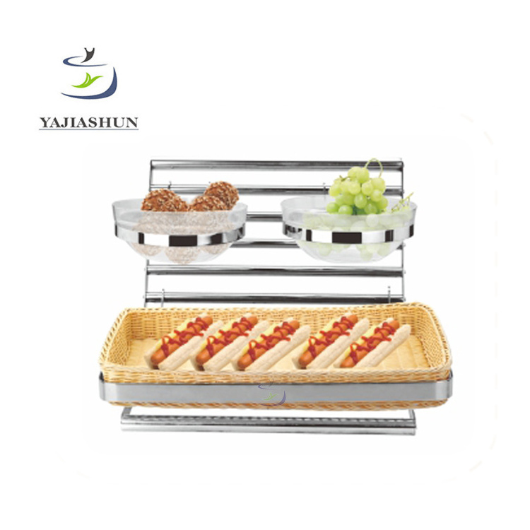 Wholesale stainless steel food display stand durable folding 2 tiers buffet display bread shelf stand with baskets