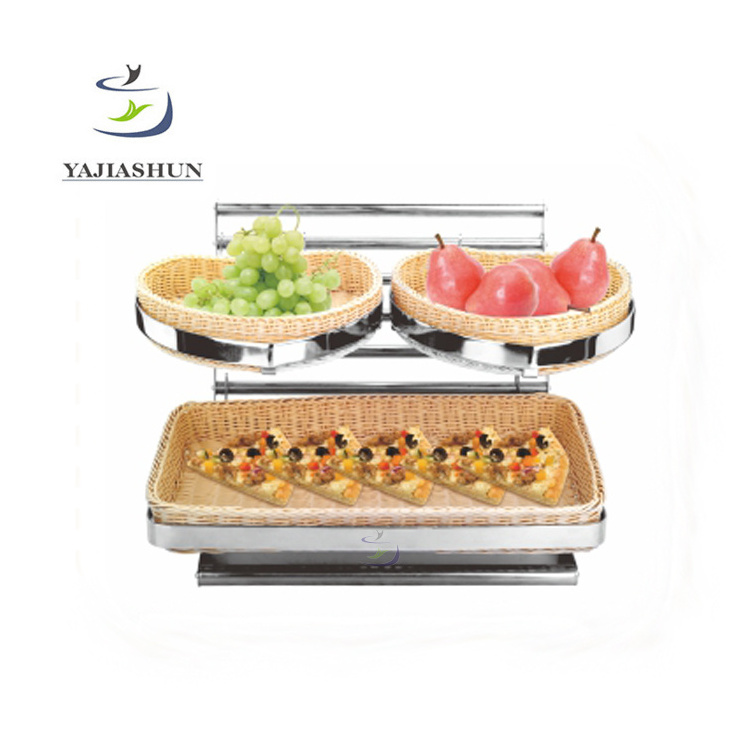 Wholesale stainless steel food display stand durable folding 2 tiers buffet display bread shelf stand with baskets