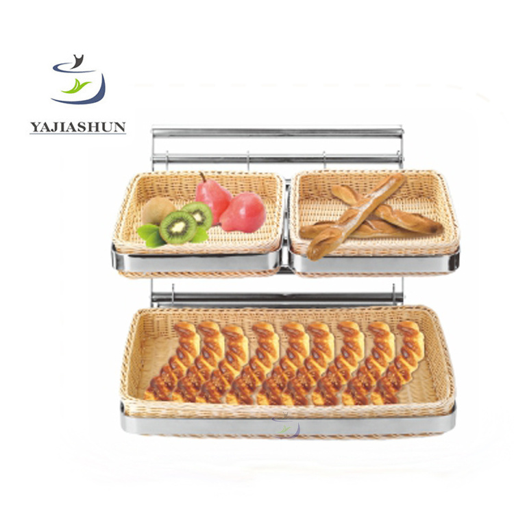 Wholesale stainless steel food display stand durable folding 2 tiers buffet display bread shelf stand with baskets