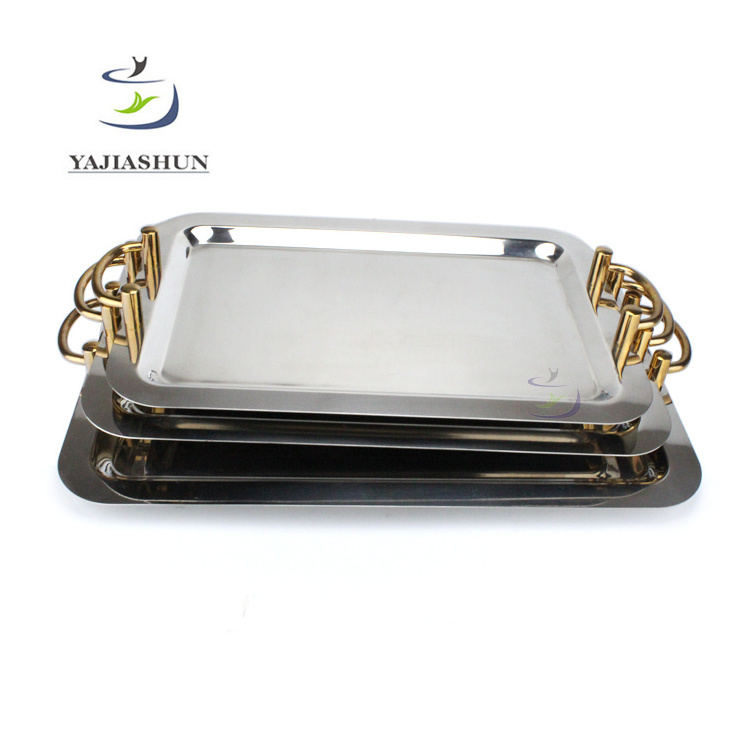 Luxury Rectangle Stainless Steel Food Tray Service Tray Set Custom Rolling Tray With Handles Dishes & Plates