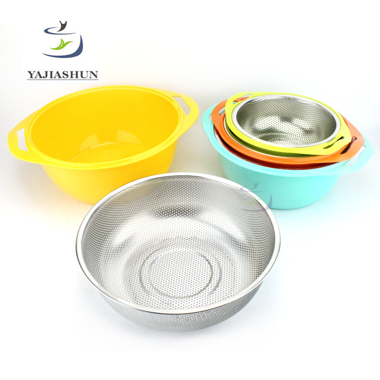 Rice Washing Stainless Steel Colander Set With Plastic Material Mixing Bowl Fruit Vegetable Rice Sieve Colander