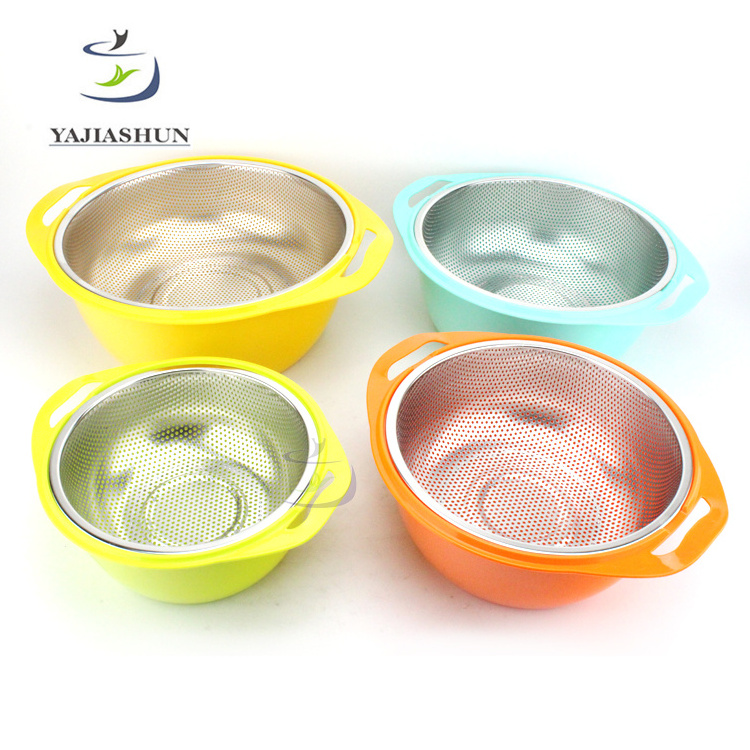 Rice Washing Stainless Steel Colander Set With Plastic Material Mixing Bowl Fruit Vegetable Rice Sieve Colander