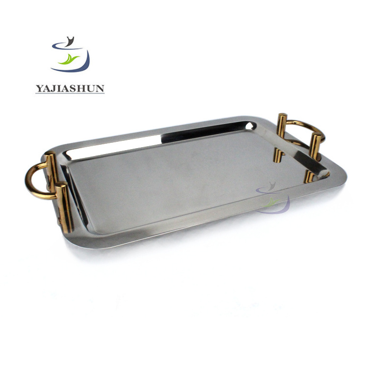 Luxury Rectangle Stainless Steel Food Tray Service Tray Set Custom Rolling Tray With Handles Dishes & Plates