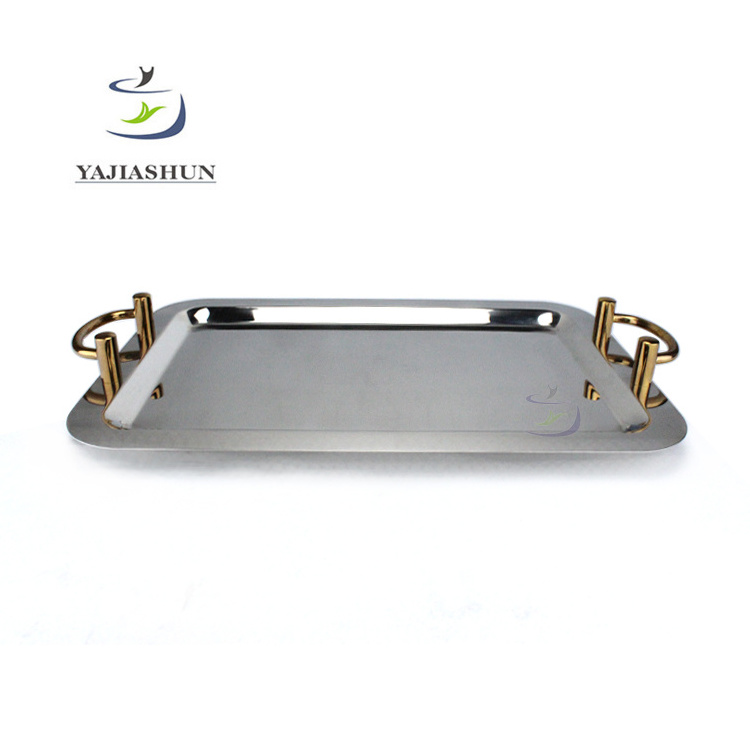 Luxury Rectangle Stainless Steel Food Tray Service Tray Set Custom Rolling Tray With Handles Dishes & Plates