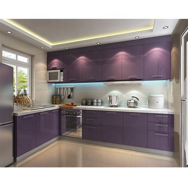 Modern L shape purple high gloss lacquer kitchen cabinets