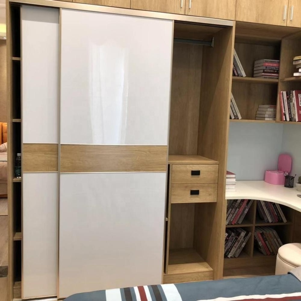 Simple design white wood grain portable wardrobe closet with corner bookshelf