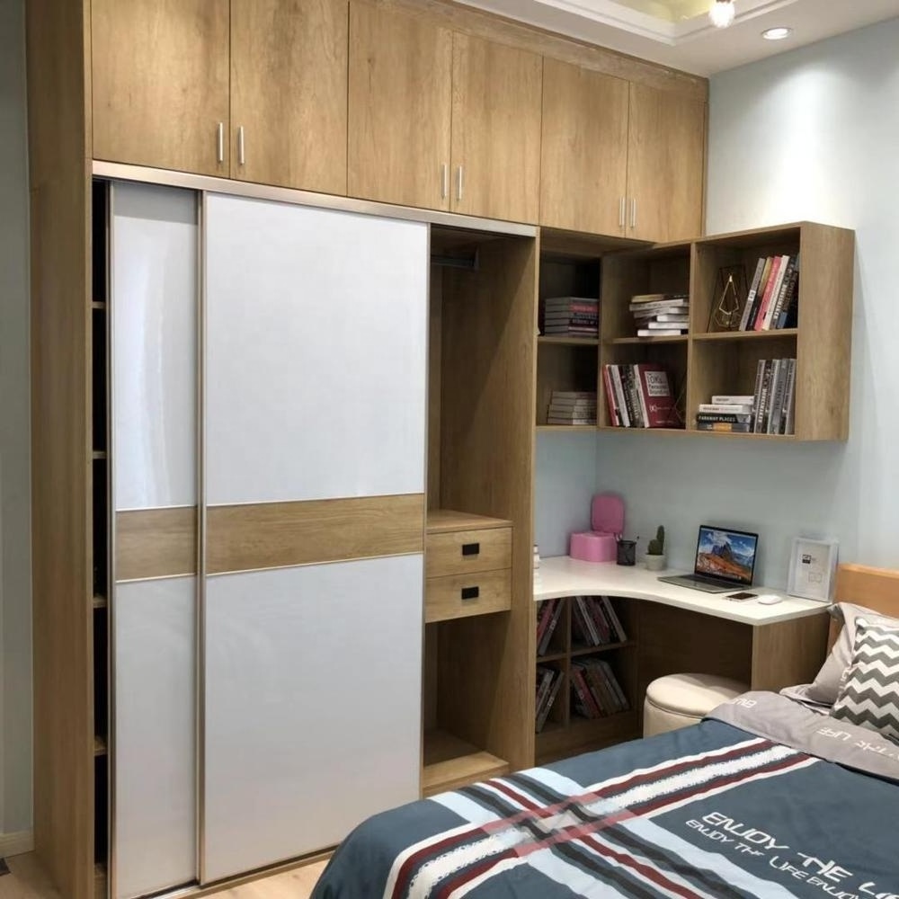 Simple design white wood grain portable wardrobe closet with corner bookshelf