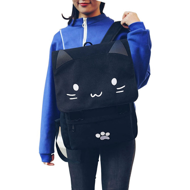 Cute cartoon cat embroidery large waterproof canvas bag for teenage girls casual black school bag girls laptop pockets backpack