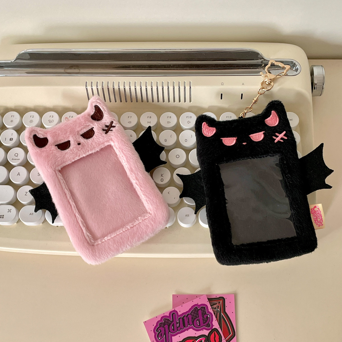 Custom Design Kawaii Plush Photo card Holder Bat Demon Cartoon Cute Doll Fluffy Mini Keychain Plush Kpop Card Holder Pouch