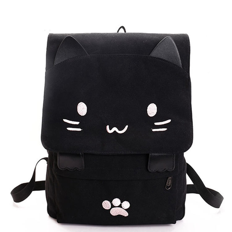 Cute cartoon cat embroidery large waterproof canvas bag for teenage girls casual black school bag girls laptop pockets backpack