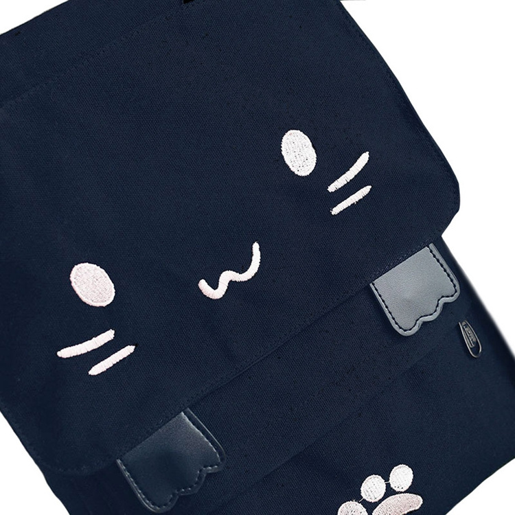 Cute cartoon cat embroidery large waterproof canvas bag for teenage girls casual black school bag girls laptop pockets backpack