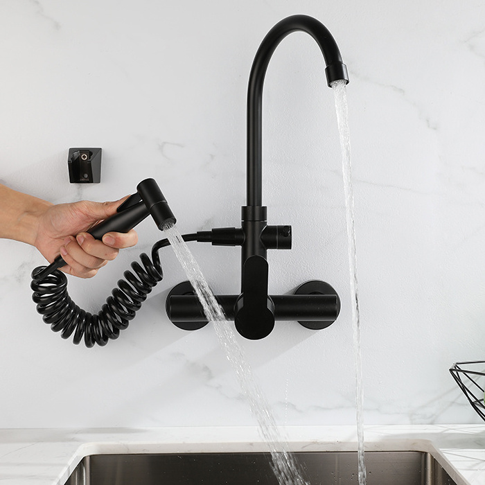 Stainless Steel Spring Faucets Wall Mounted Black Kitchen Faucets with Telephone Line Handheld Sprayer