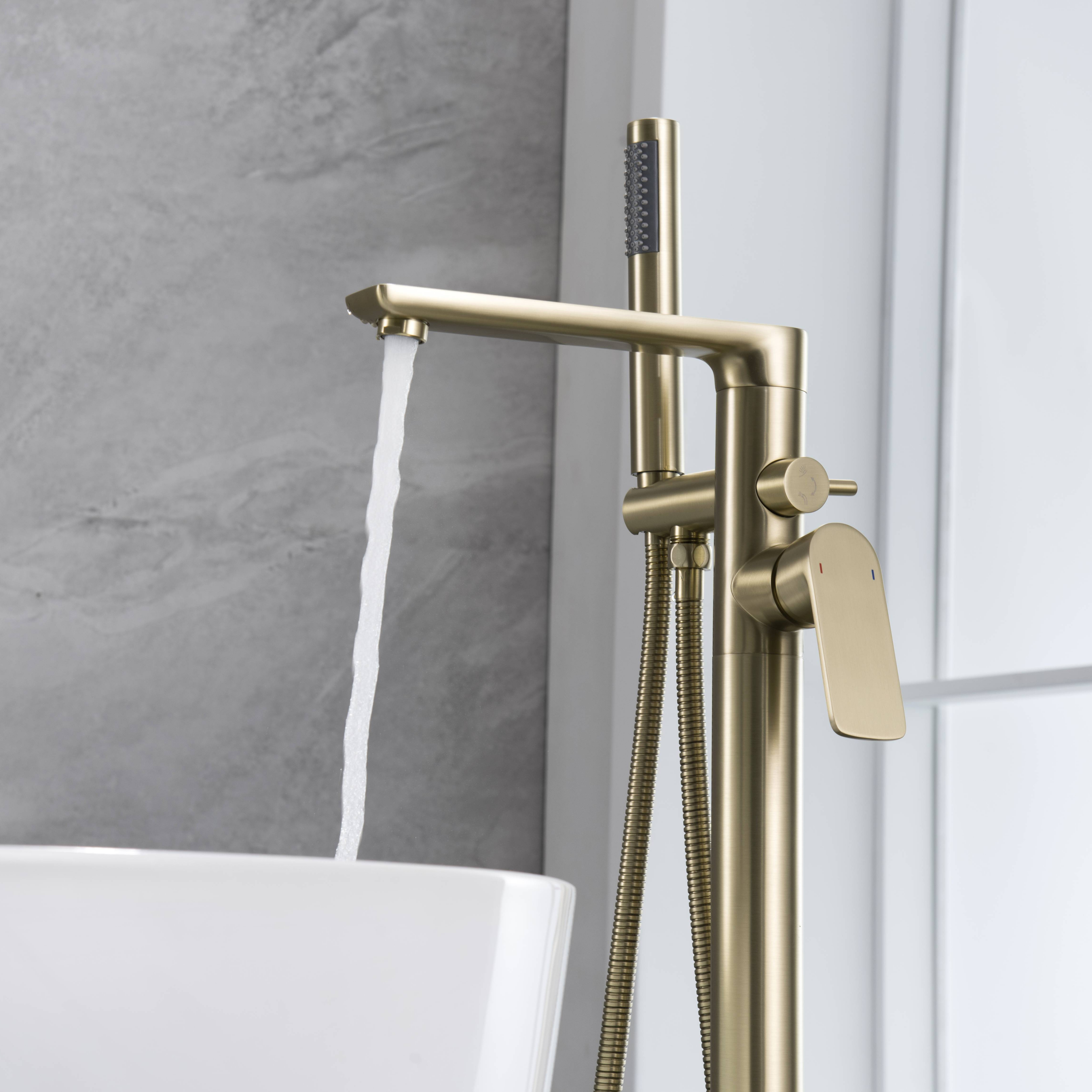 Stand Alone Bathtub Faucet Floor Mounted Brass Bath Mixer Tap Single Lever Freestanding Brushed Gold Bathtub Faucet