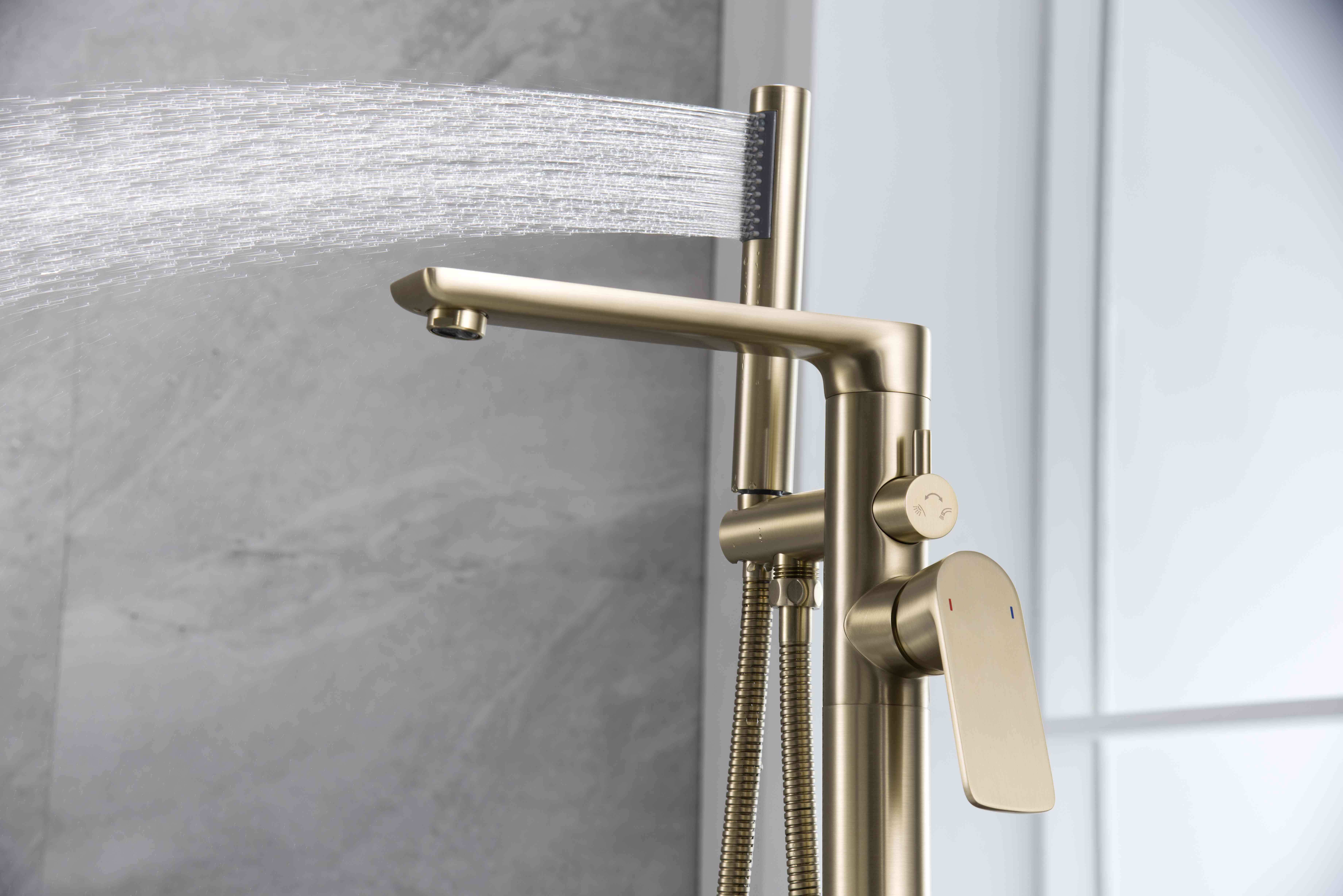 Stand Alone Bathtub Faucet Floor Mounted Brass Bath Mixer Tap Single Lever Freestanding Brushed Gold Bathtub Faucet