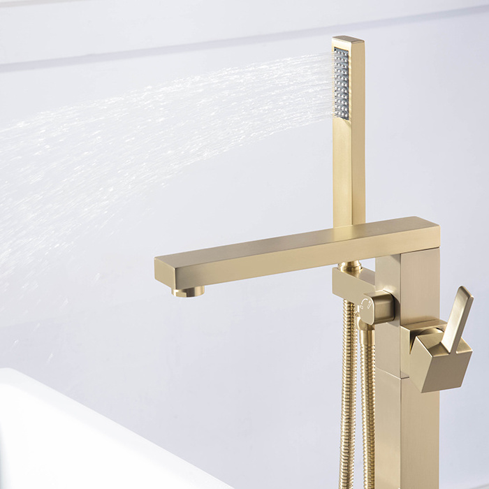 Bathroom Faucet Brass Floor Mounted brushed gold free standing bathtub Hotel  faucet  with hand shower