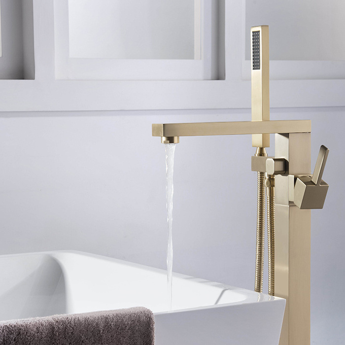 Bathroom Faucet Brass Floor Mounted brushed gold free standing bathtub Hotel  faucet  with hand shower