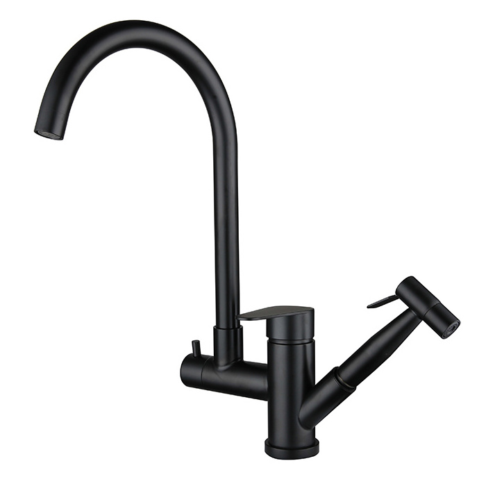 360 Swivel Spout Hot and Cold Water Stainless Steel Deck Mount Black Pull Out Kitchen Faucet with Hand Held Sprayer